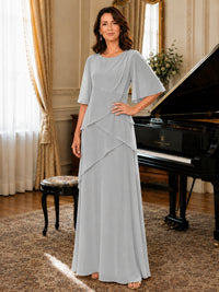 Asymmetric Draped Chiffon Mother of the Bride Dress with Flutter Sleeves
