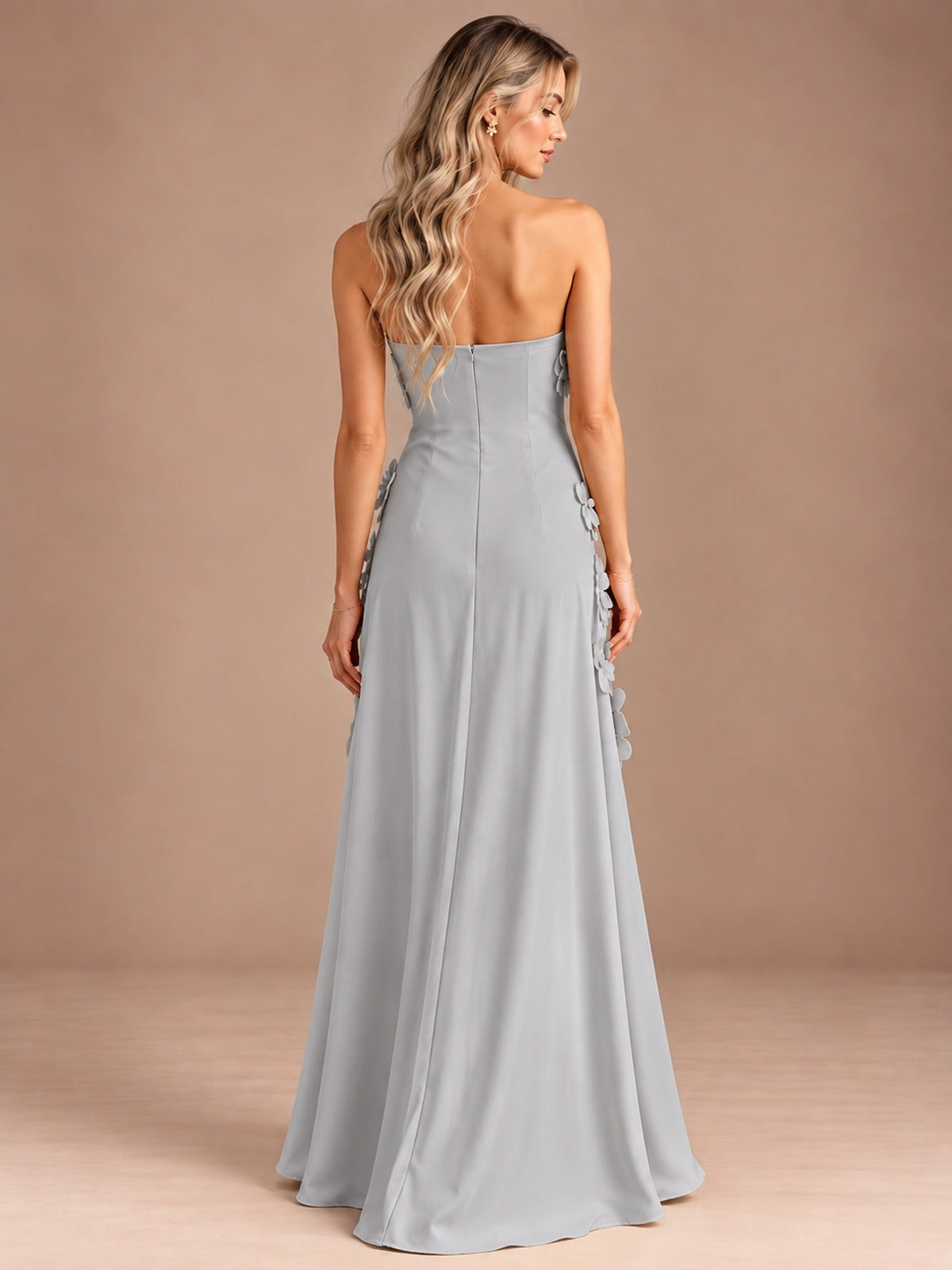 Yellow Strapless A-line Satin Maxi Dress with 3D Floral