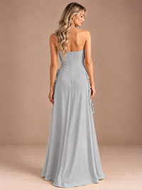 Yellow Strapless A-line Satin Maxi Dress with 3D Floral