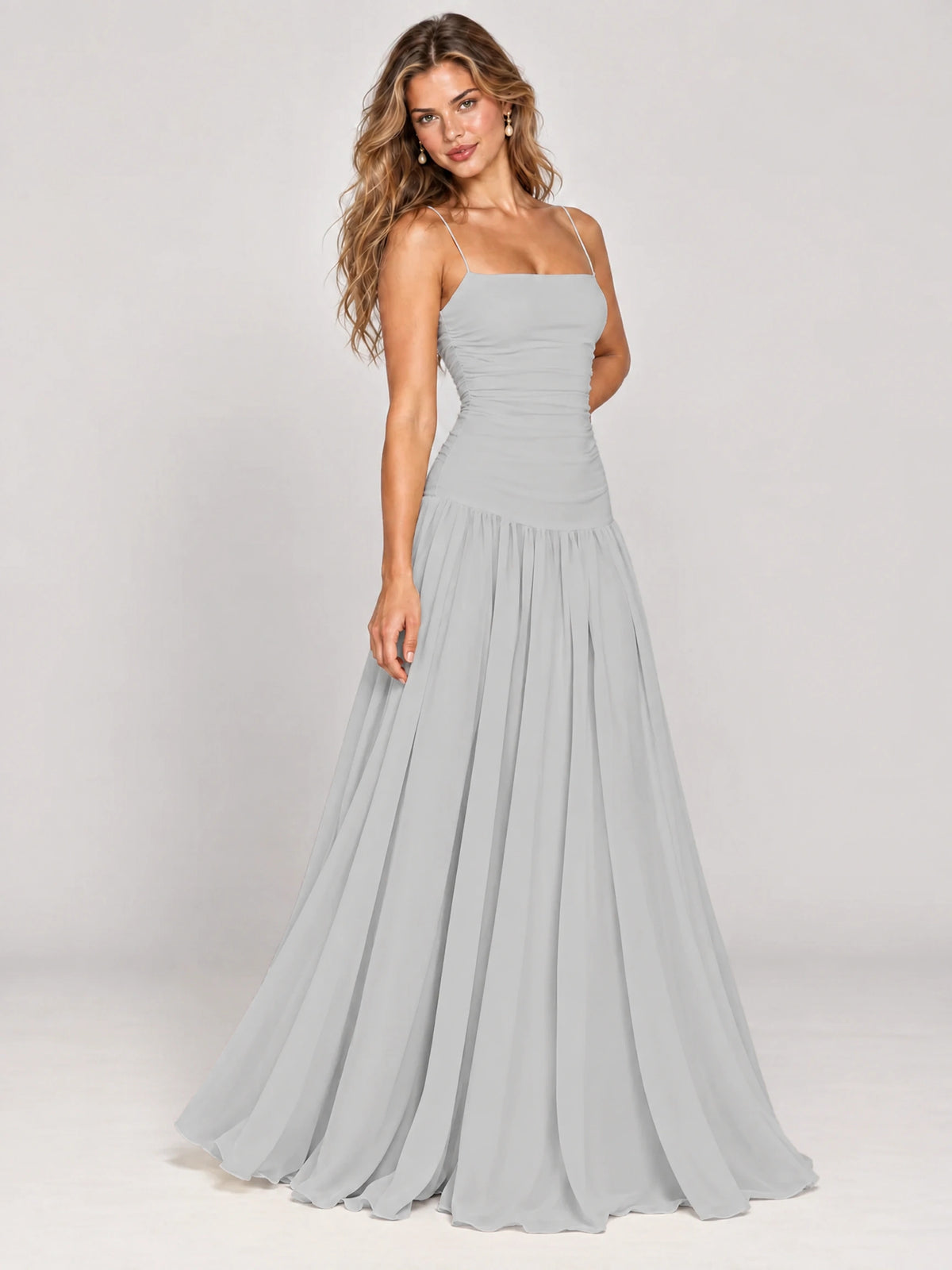 Butter Yellow Ruched Spaghetti Strap Drop-Waist Prom Dress