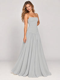 Butter Yellow Ruched Spaghetti Strap Drop-Waist Prom Dress