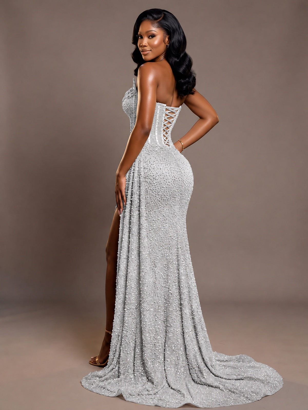 Luxury Strapless Sequin Corset Mermaid Prom Dress with High Slit & Train