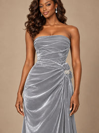 Burgundy Velvet Strapless Ruched Prom Dress with Jeweled Side Drape