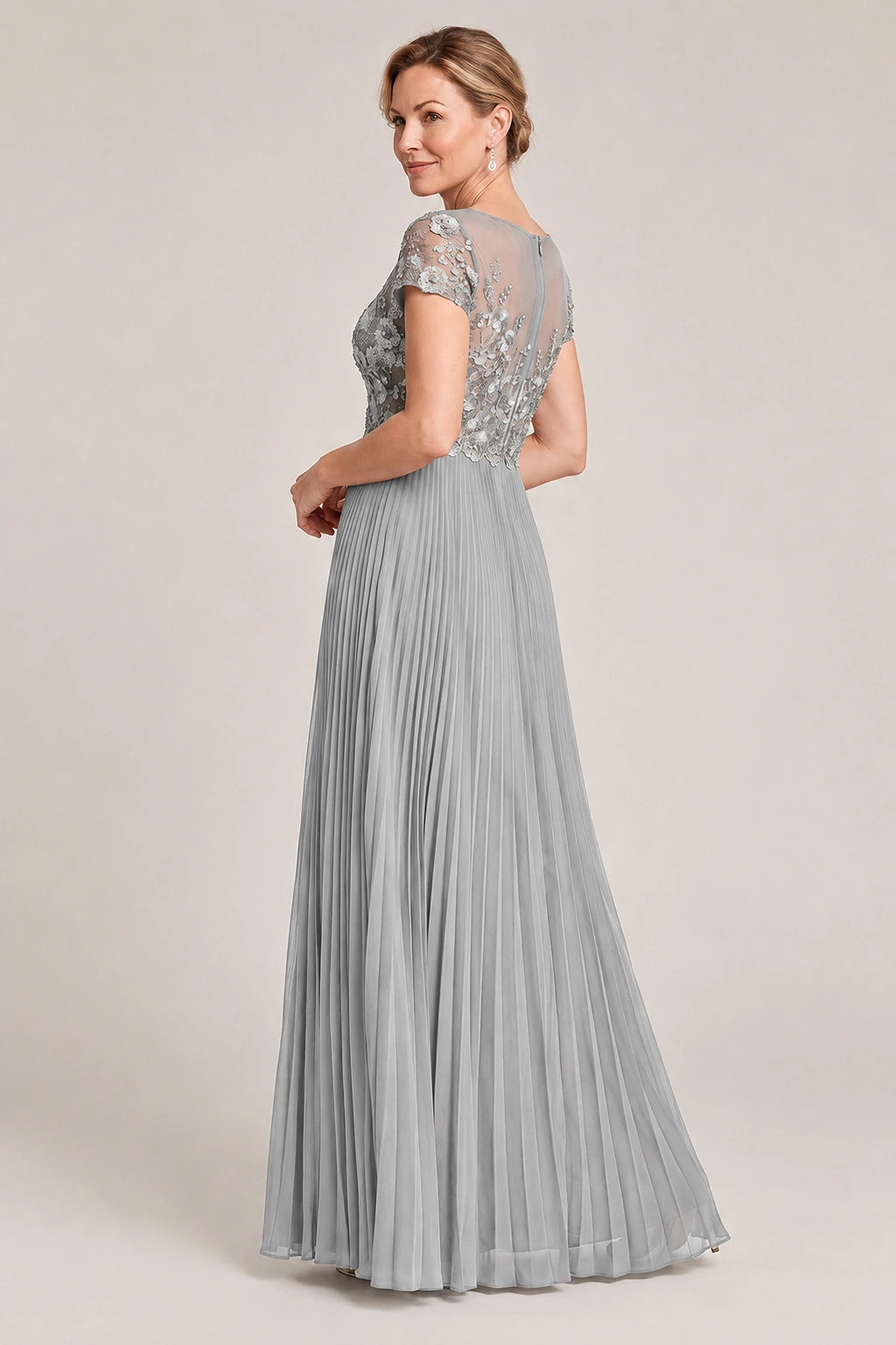 Embroidered Lace Pleated Mother of the Bride Dress