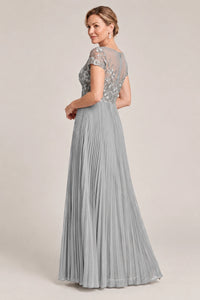 Embroidered Lace Pleated Mother of the Bride Dress