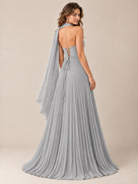 Sweetheart Neckline Pleated Prom Dress Strapless A-line Formal Dress with Flowy Scarf