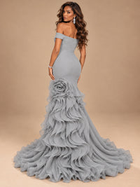 Dusty Blue Off-the-Shoulder Mermaid Prom Dress with 3D Rose & Ruffles