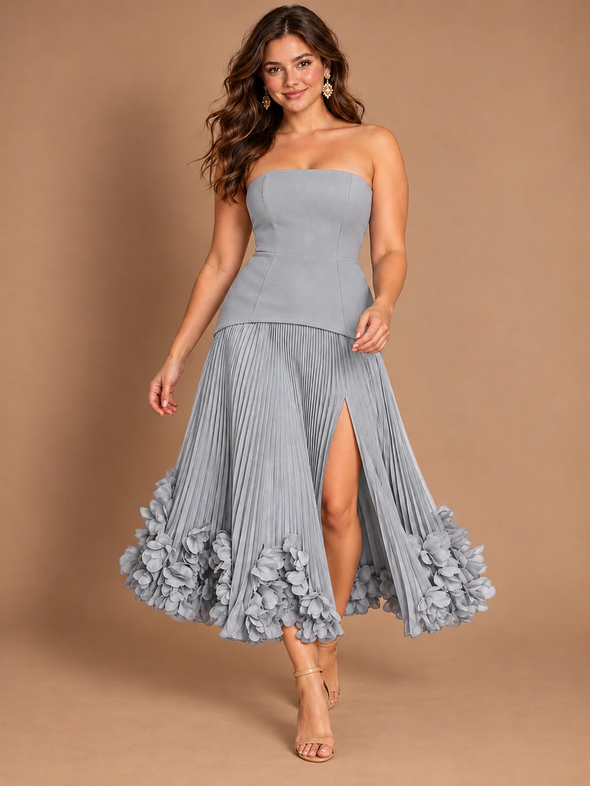 Navy Blue Strapless Pleated A-Line Midi Dress with 3D Floral Applique