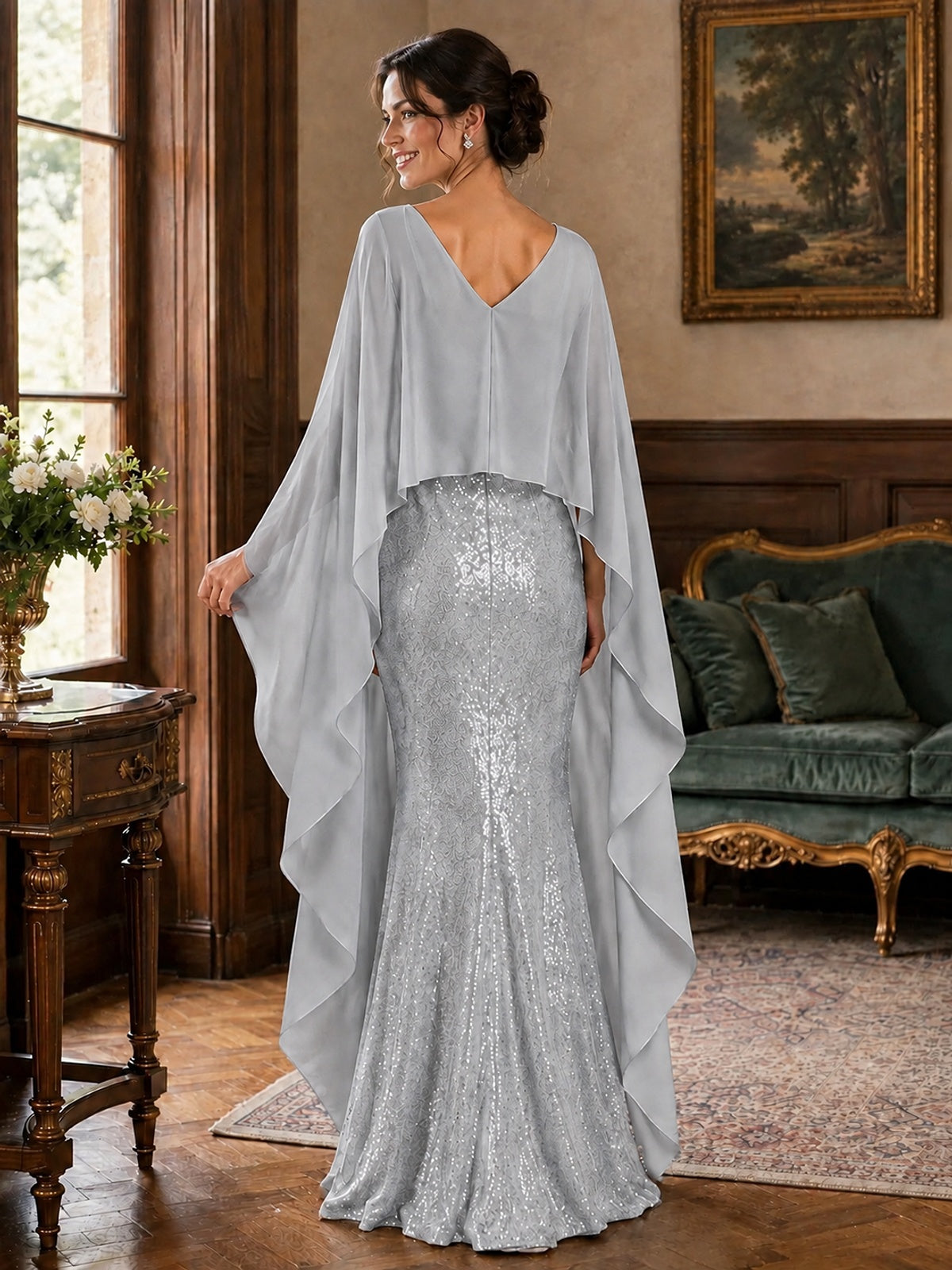 Sequin 2 Pieces Mother of the Bride Dress with Cap Sleeves Chiffon Formal Gowns