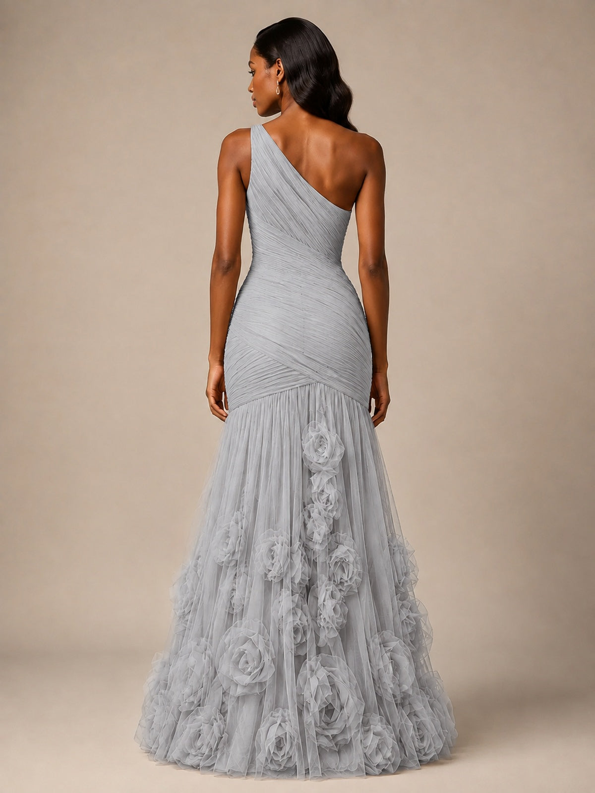 Blush Pink One Shoulder 3D Floral Mermaid Prom Dress