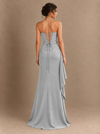 Black and White Strapless Ruched Prom Dress with High Slit & Side Drape