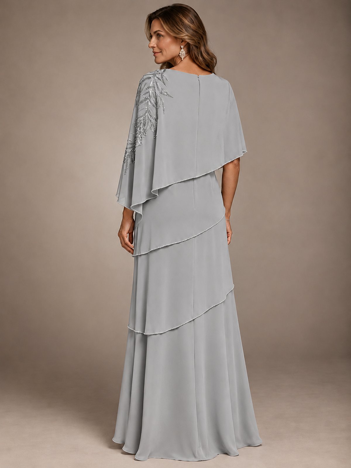 Elegant Chiffon Cape Sleeve Beaded Mother of the Bride Dress