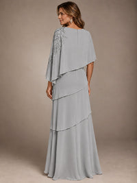 Elegant Chiffon Cape Sleeve Beaded Mother of the Bride Dress