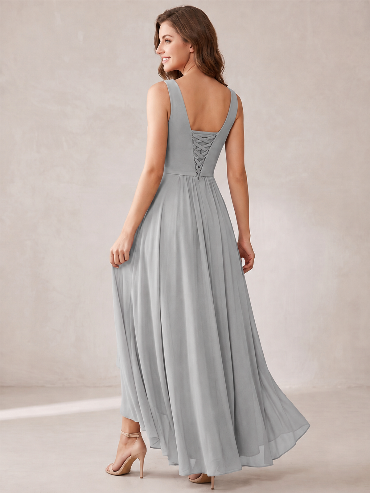 V-Neck High-Low Chiffon Bridesmaid Dress with Ruffles