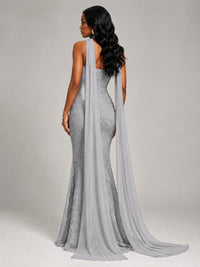 Pleated Chiffon Lace Prom Dresses Long Bodycon Mermaid with Scarf