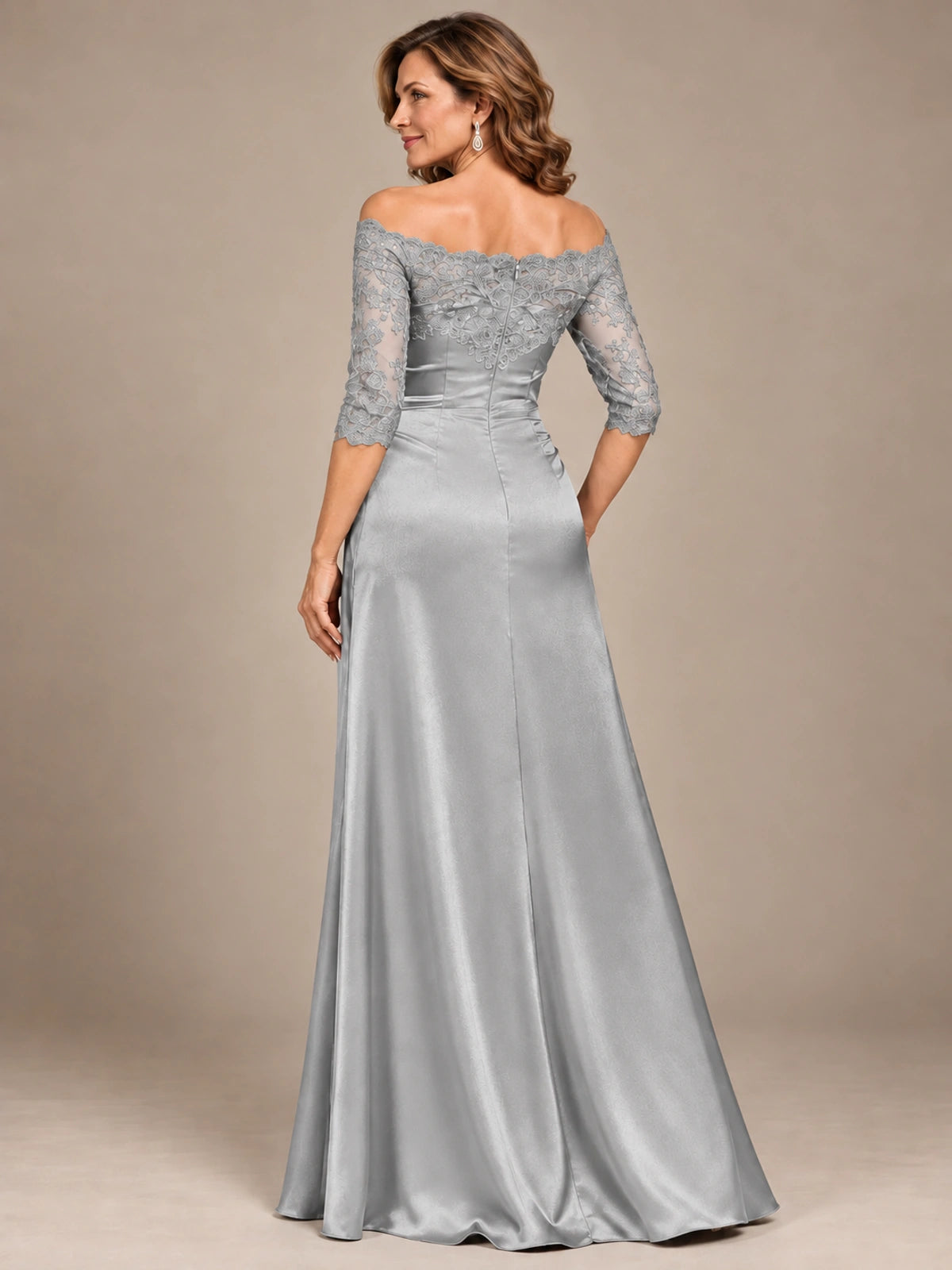 Satin Mother of the Bride Dress with Lace Sleeves Off Shoulder Formal Gown