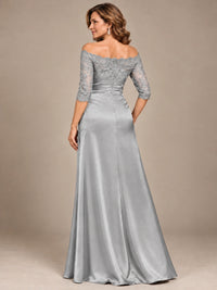 Satin Mother of the Bride Dress with Lace Sleeves Off Shoulder Formal Gown