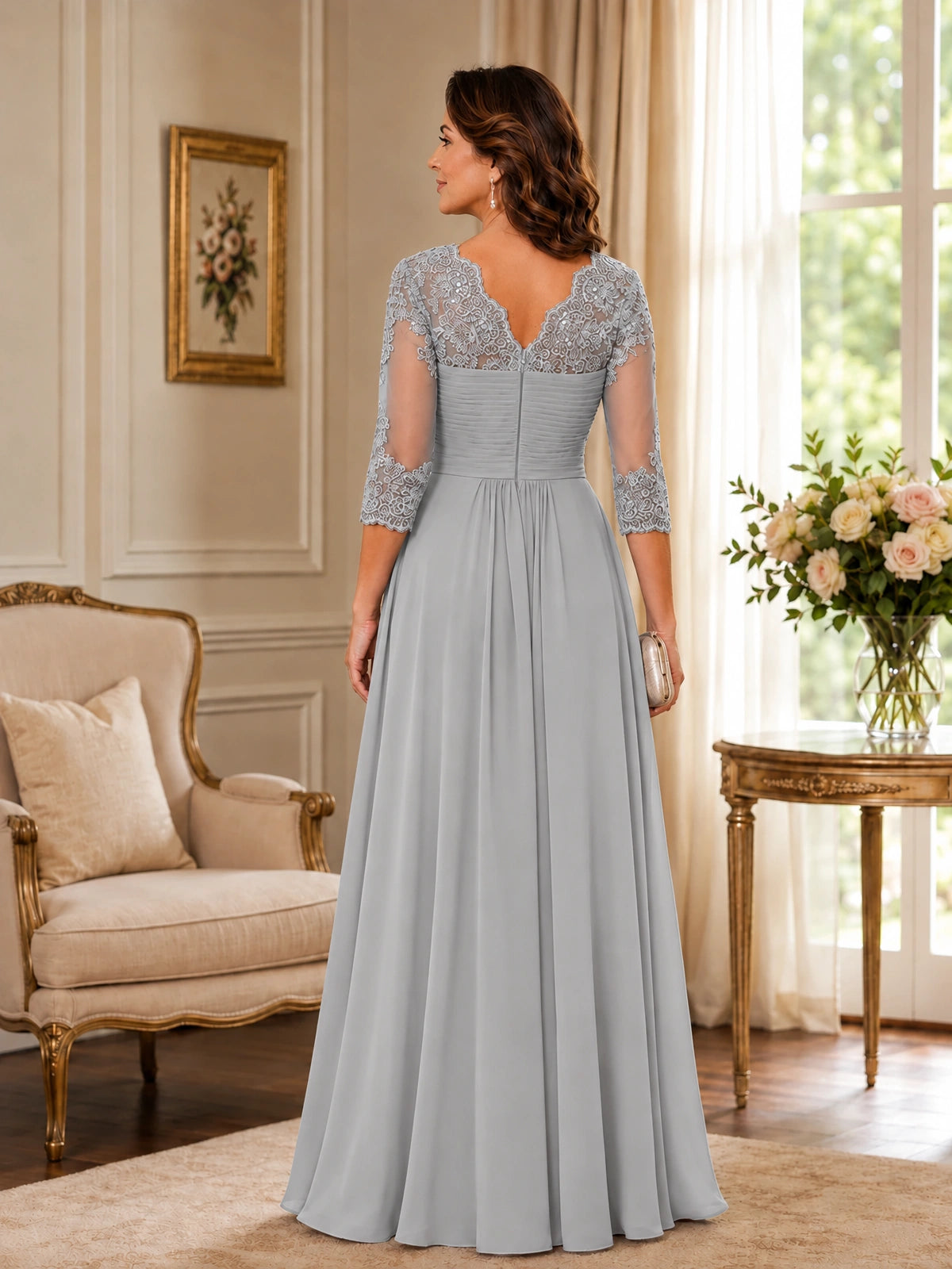 Chiffon Lace Applique Mother of the Bride Dress with 3/4 Sleeves