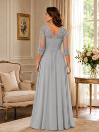 Chiffon Lace Applique Mother of the Bride Dress with 3/4 Sleeves