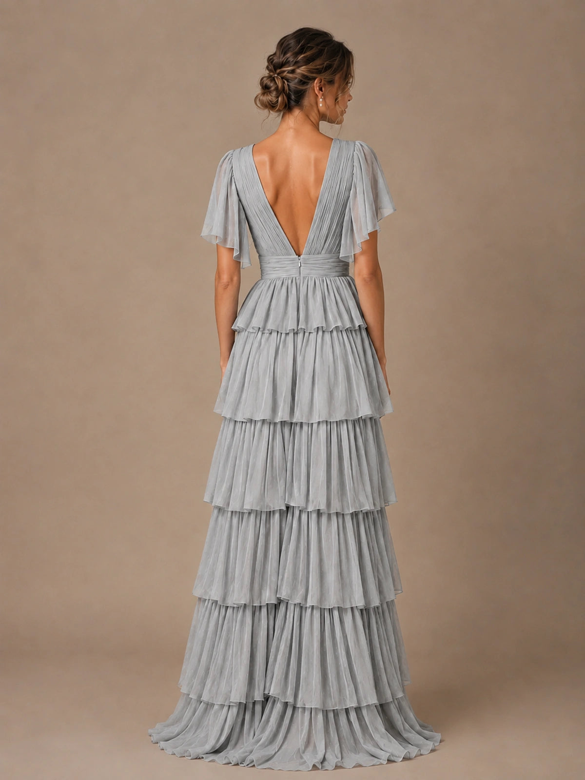 Chiffon V-Neck Tiered Ruffle Bridesmaid Dress with Slit