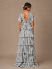 Chiffon V-Neck Tiered Ruffle Bridesmaid Dress with Slit