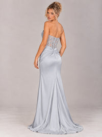 Strapless Satin Prom Dress with Sheer Lace Corset & High Slit