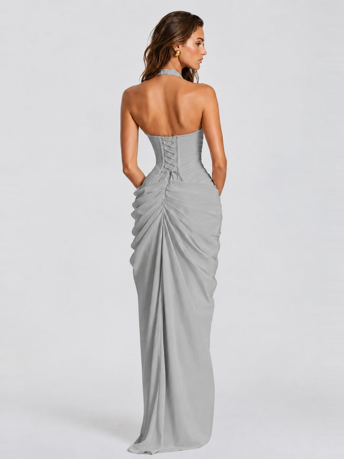 Ruched Halter Neck High-Slit Prom & Evening Dress