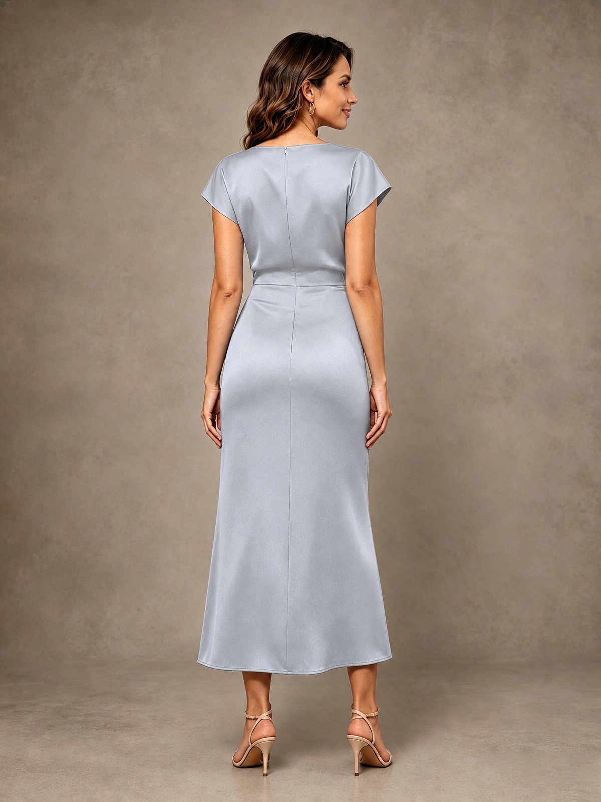 Cowl Neck Satin Mother of the Bride Dress with Ruched Waist