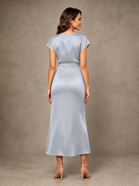 Cowl Neck Satin Mother of the Bride Dress with Ruched Waist