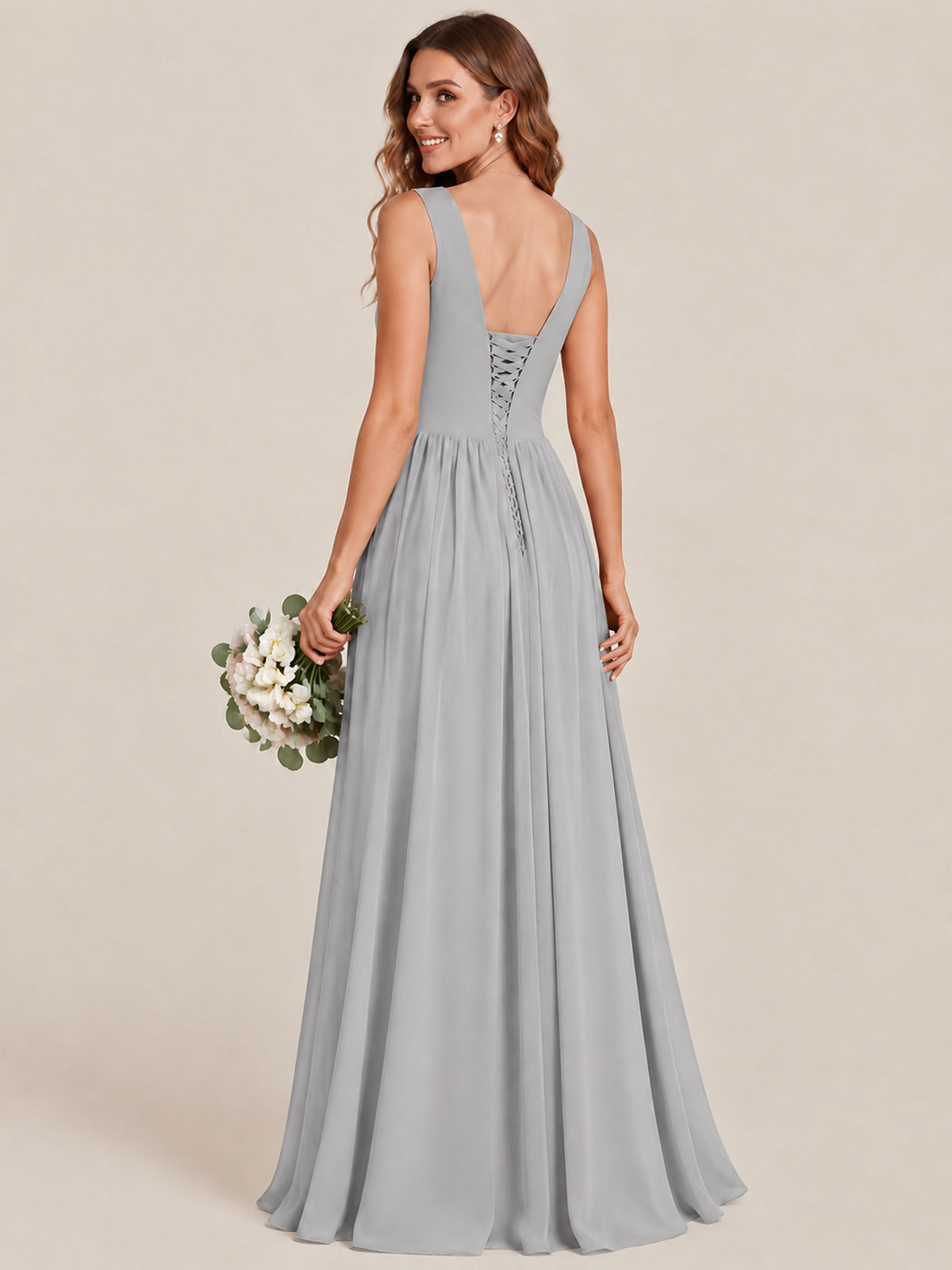 A-line Sleeveless Rucehd Chiffon Bridesmaid Dress with High Slit