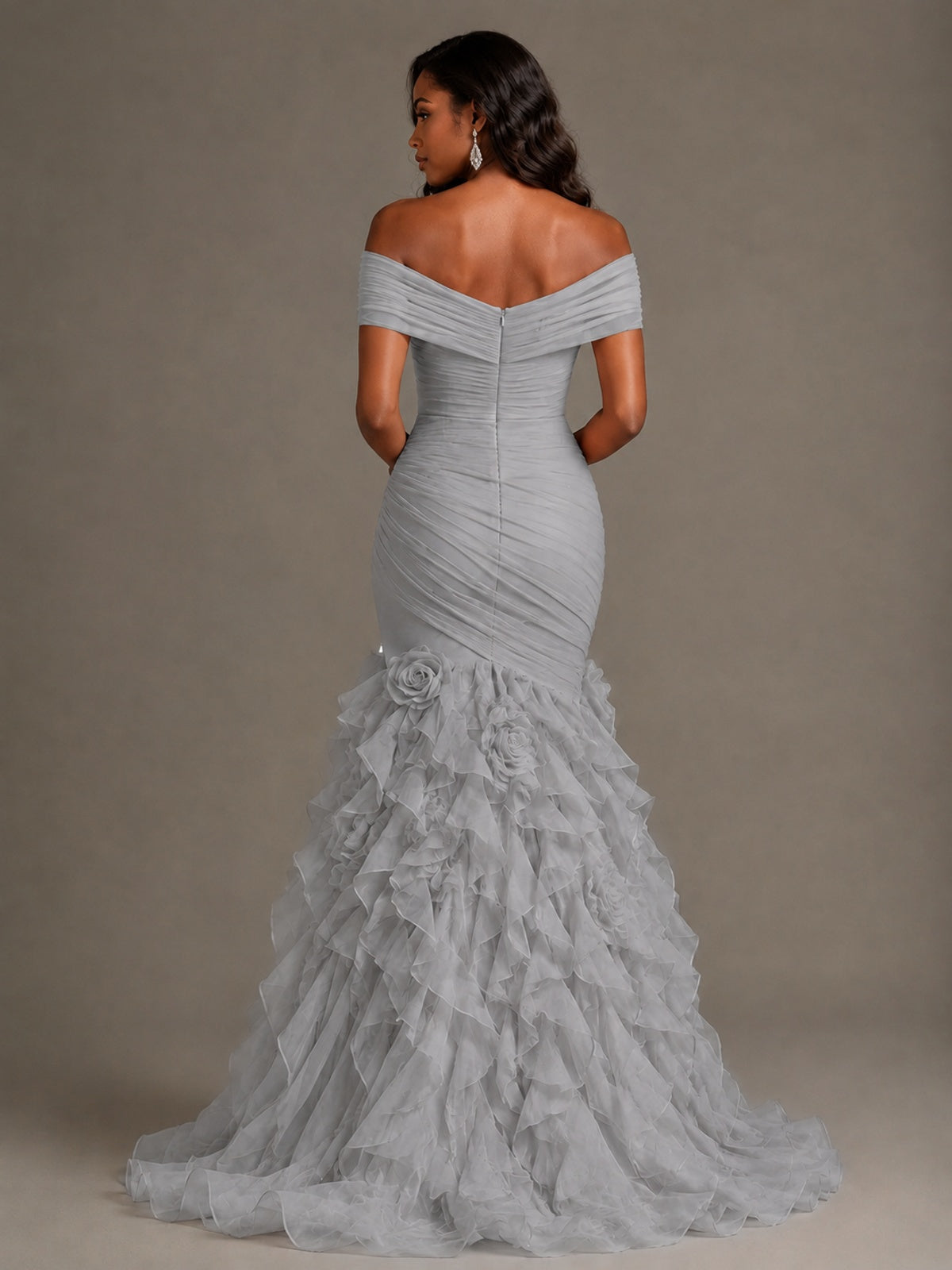 Pink Off-the-Shoulder Mermaid Prom Dress with Ruffles 3D Flowers