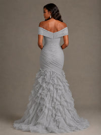 Pink Off-the-Shoulder Mermaid Prom Dress with Ruffles 3D Flowers