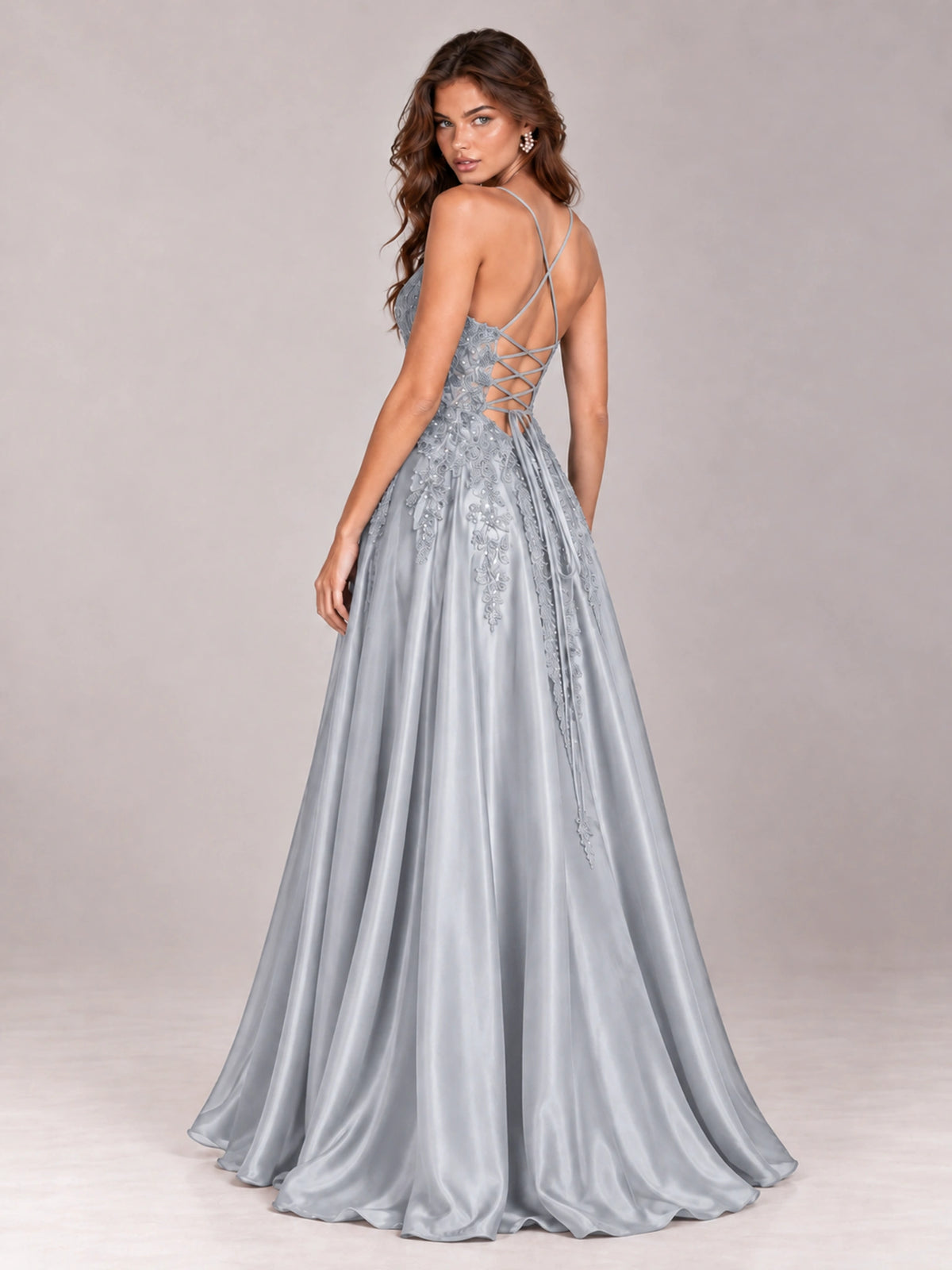 Lace Applique Satin A-Line Prom Dress with Sheer Bodice