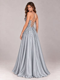 Lace Applique Satin A-Line Prom Dress with Sheer Bodice