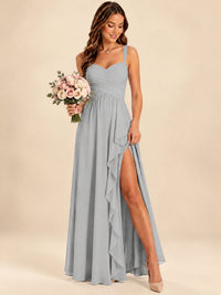 Spaghetti Straps Pleated Chiffon Bridesmaid Dress with Ruffle Slit