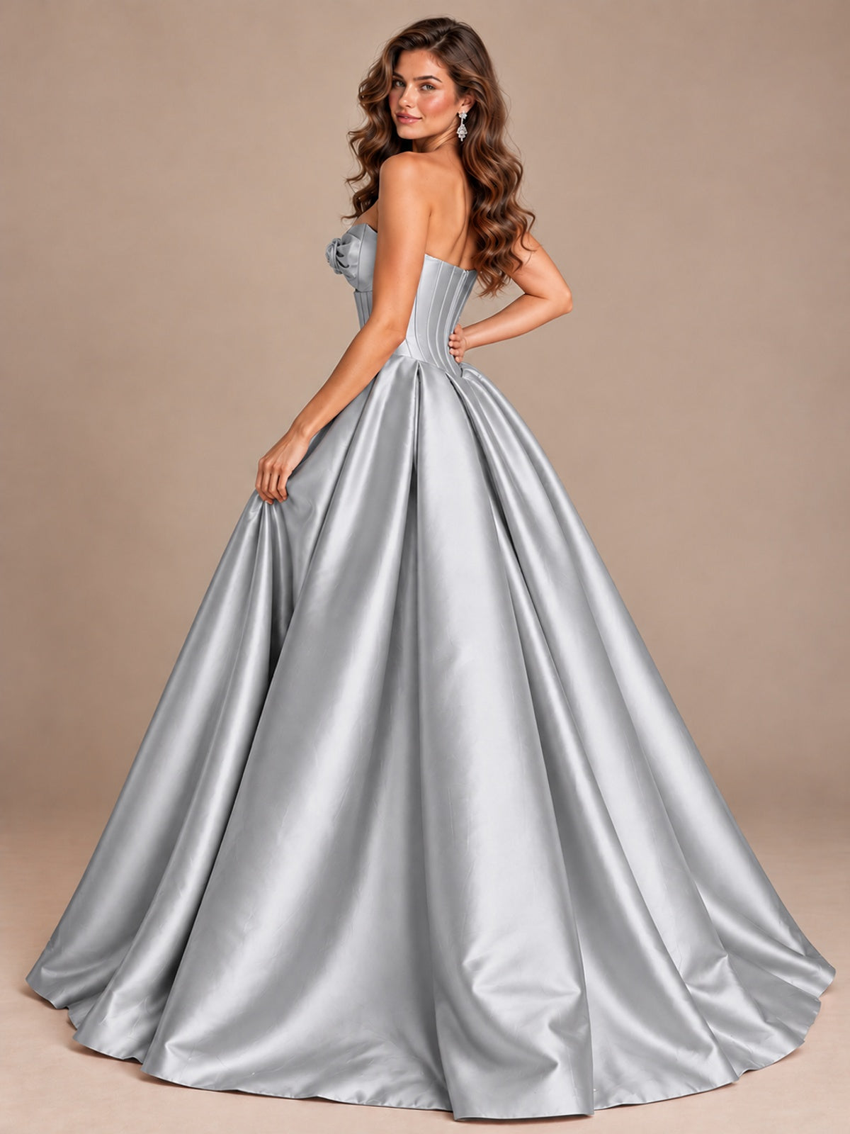 Pink Strapless Corset Satin Prom Derss & Ball Gown with 3D Floral