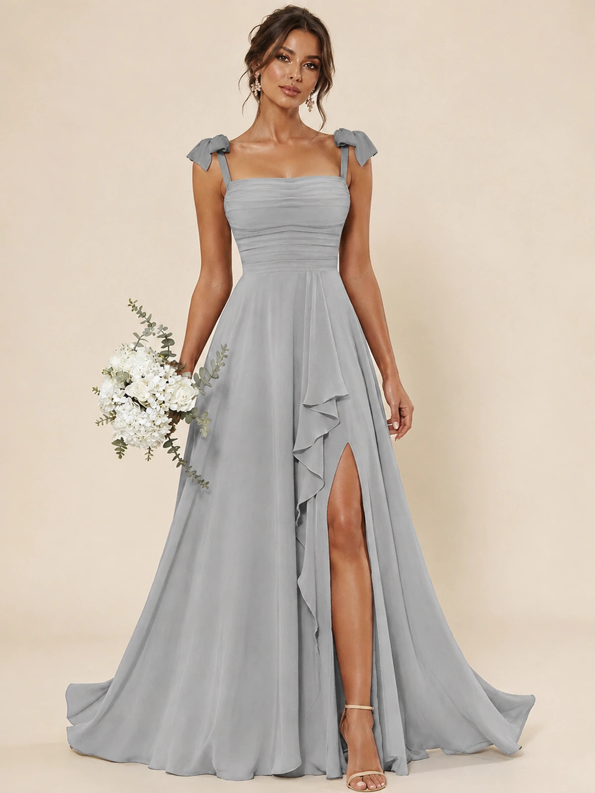 Ruffle Slit Chiffon A Line Scoop Neck Bridesmaid Dresses with Pockets