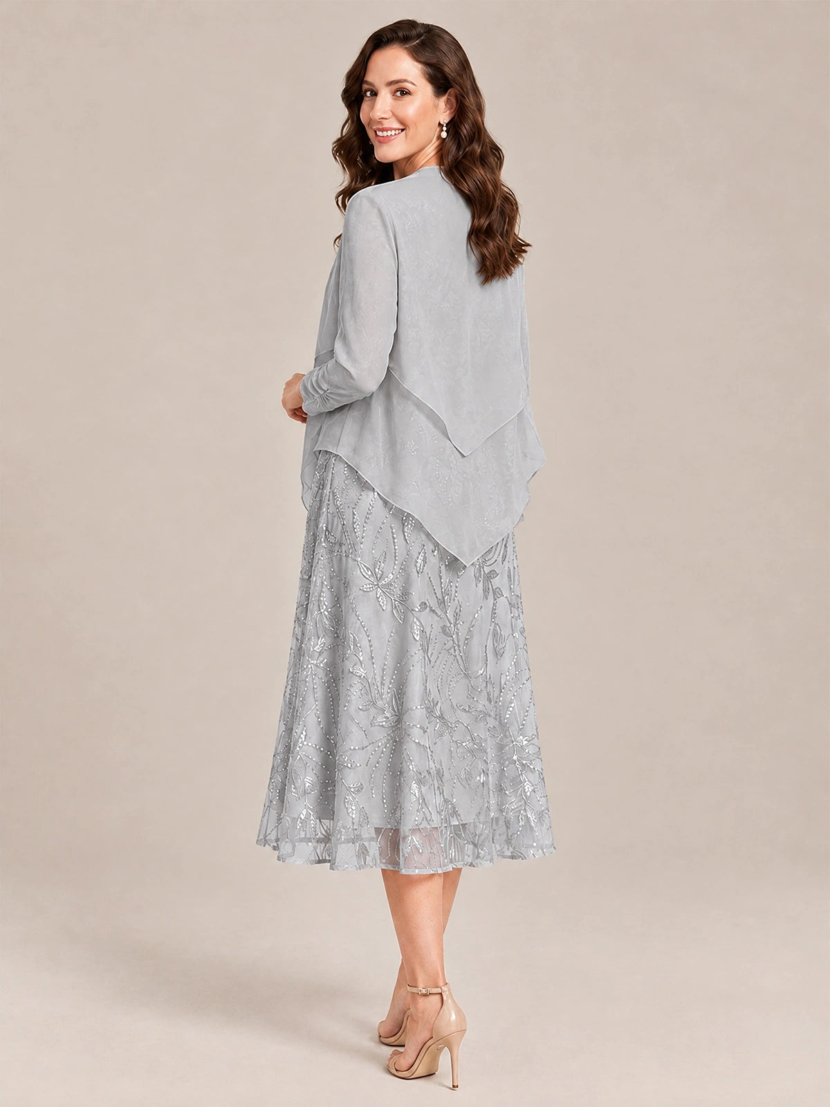 Tea Length Sequin Lace Mother of the Bride Dress with Chiffon Jacket