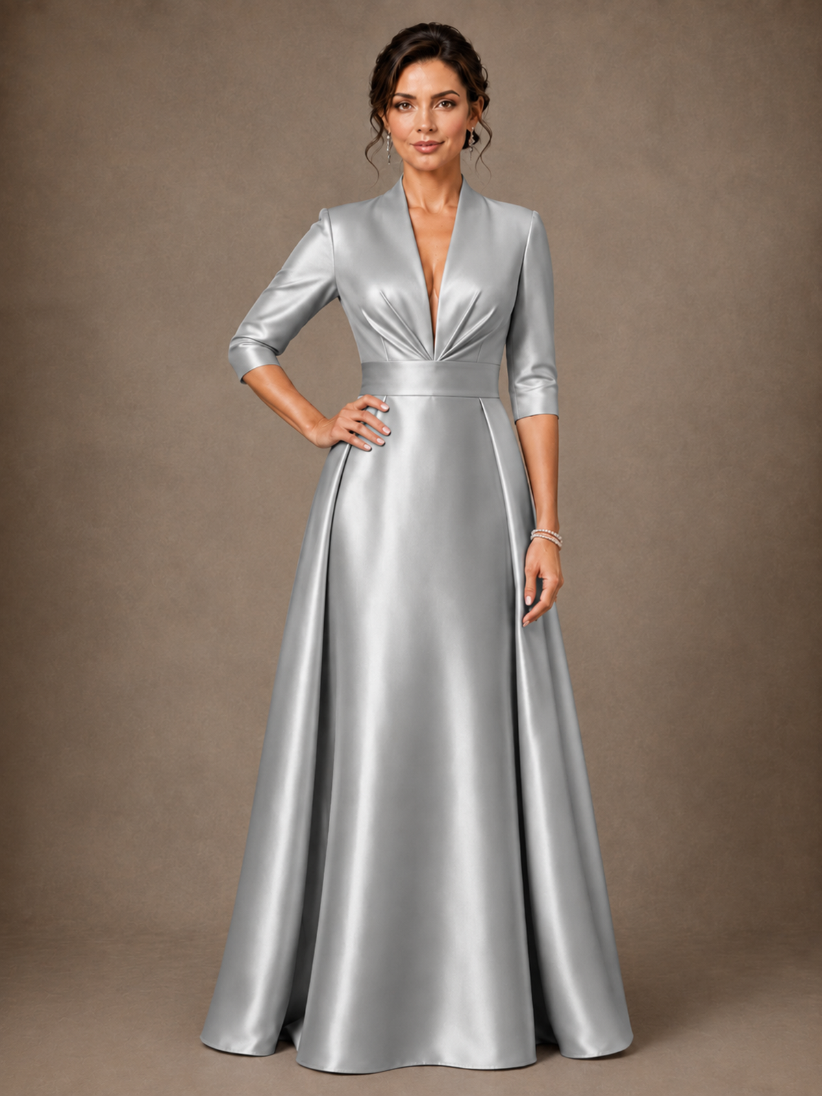 V-Neck Pleated Satin Mother of the Bride Gown with 3/4 Sleeves