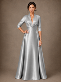V-Neck Pleated Satin Mother of the Bride Gown with 3/4 Sleeves