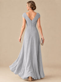 Pleated Chiffon Lace Mother of The Bride Dresses with Beading Cap Sleeves