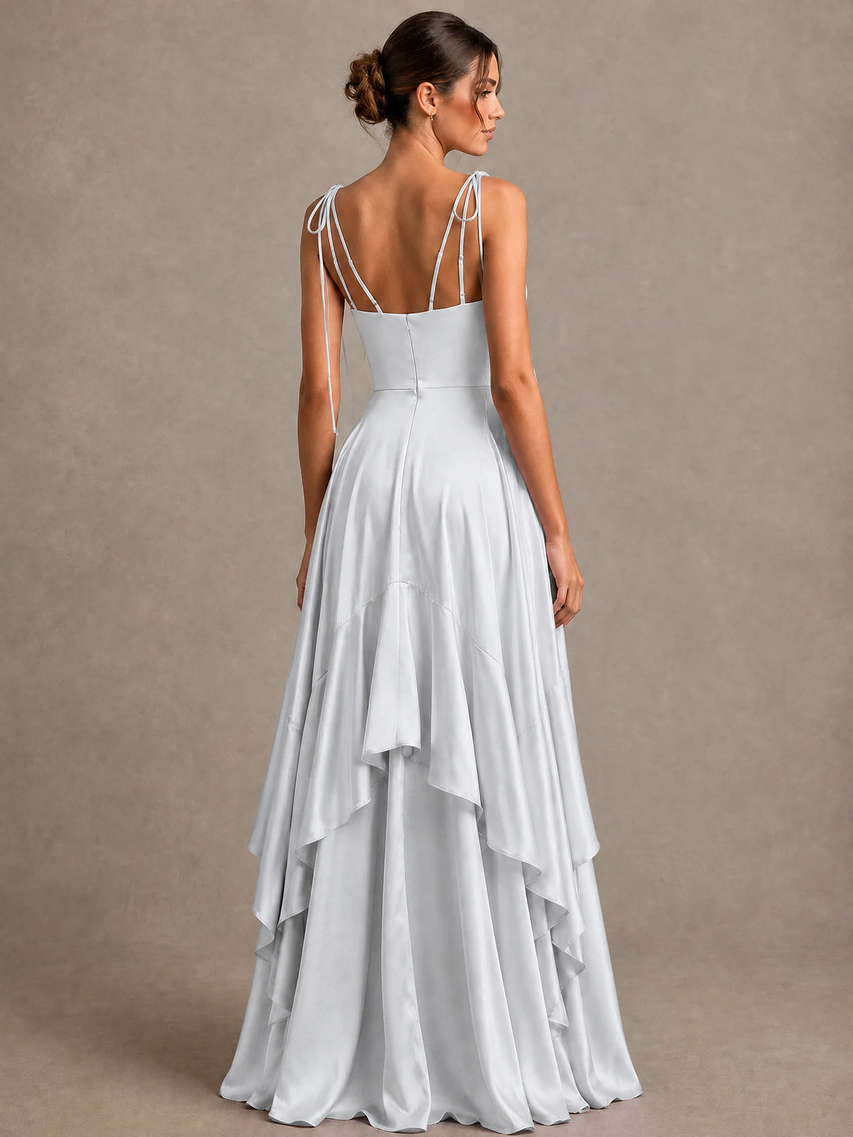 Lavender Satin V-Neck Ruffle Maxi Dress