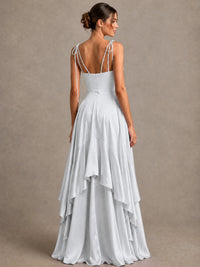 Lavender Satin V-Neck Ruffle Maxi Dress
