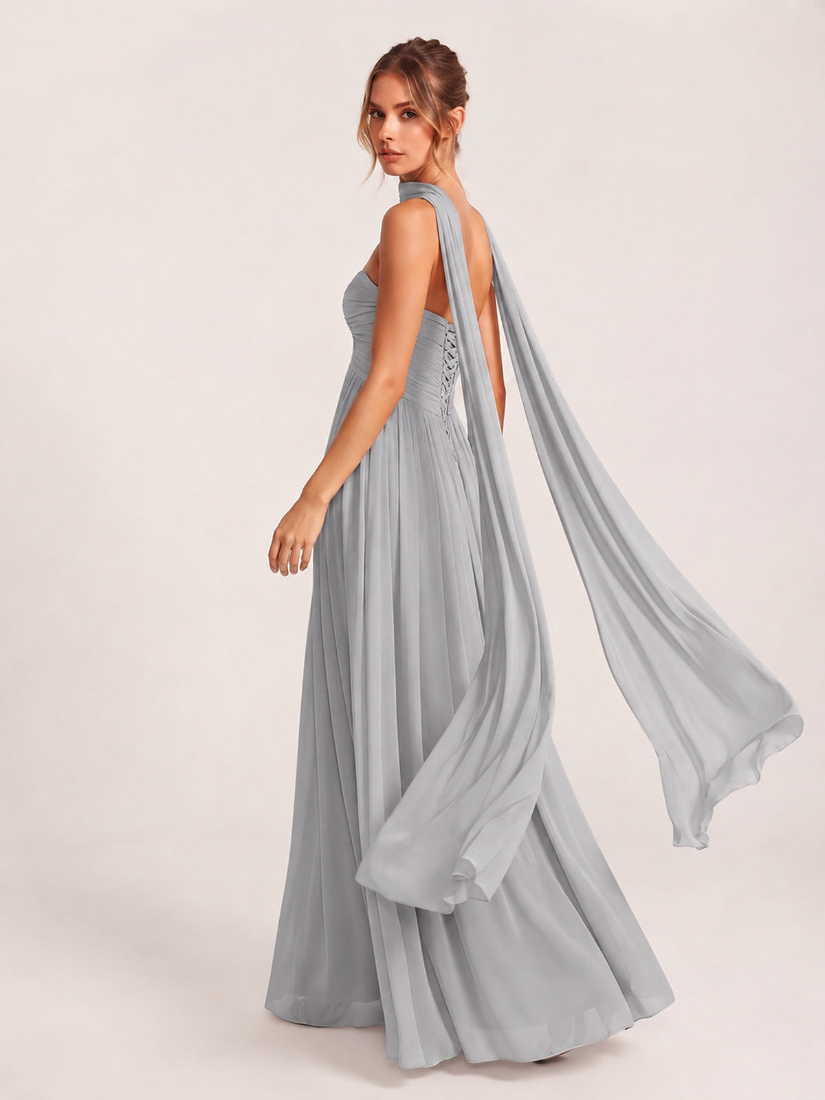 Strapless Ruched Chiffon Long Prom Dress with Scarf
