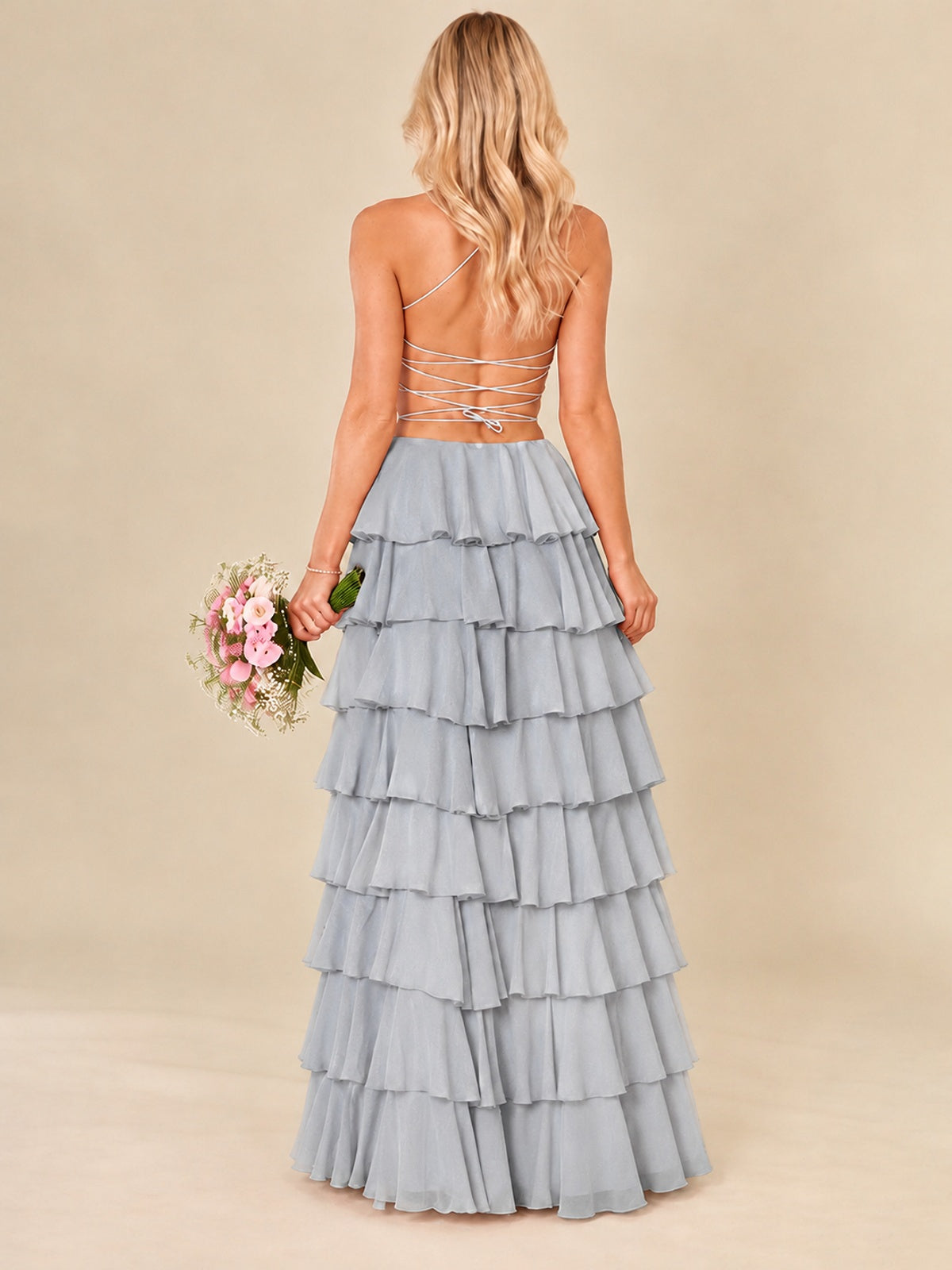 Ruffled Tiered Chiffon Prom Dress Spaghetti Straps Formal Maxi Dress with Slit
