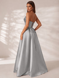 Strapless Corset Satin Prom Dress Long Evening Gown with High Slit