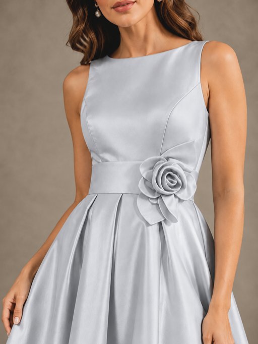 Tea-Length Satin Mother of the Bride Dress with 3D Flower Detail