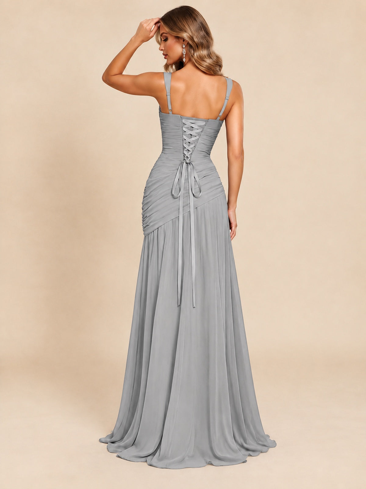 Wrap Pleated Prom Dress Scoop Neck with Slit Women Wedding Formal Dress