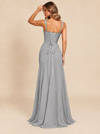 Wrap Pleated Prom Dress Scoop Neck with Slit Women Wedding Formal Dress