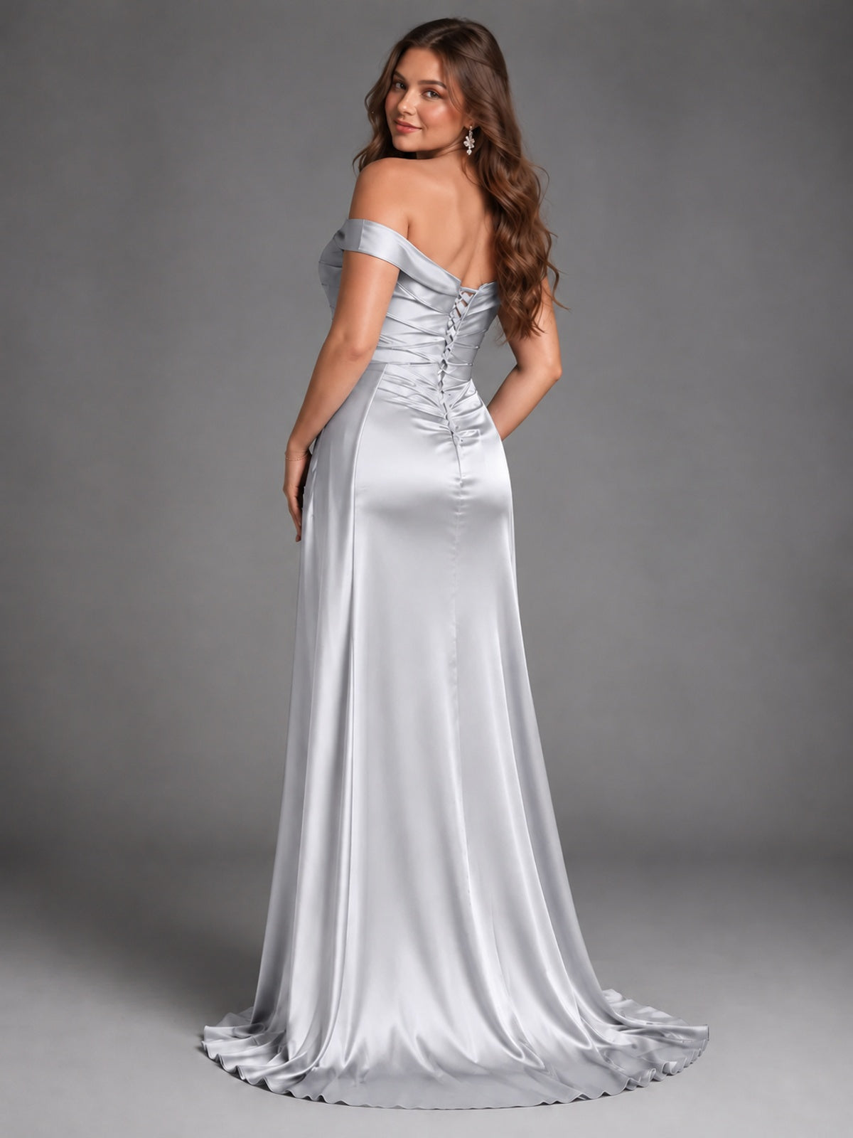 Off Shoulder Satin Maxi Dress with Slit